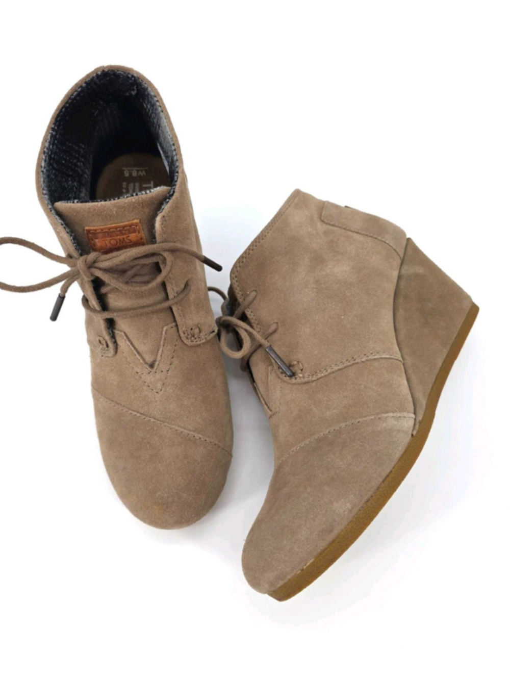 TOMS W8.5 Desert Wedge Booties Taupe Suede Ankle Boots Boho Western Casual
